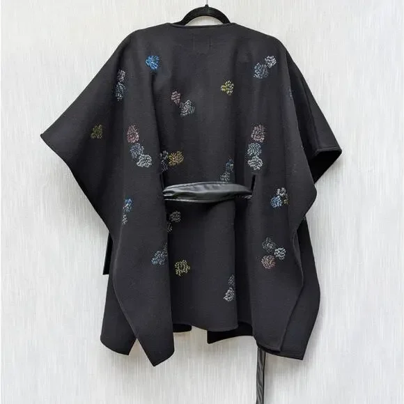 Desigual Black Embroidery Loose Fit Full Zip Belt Poncho Coat, size OS